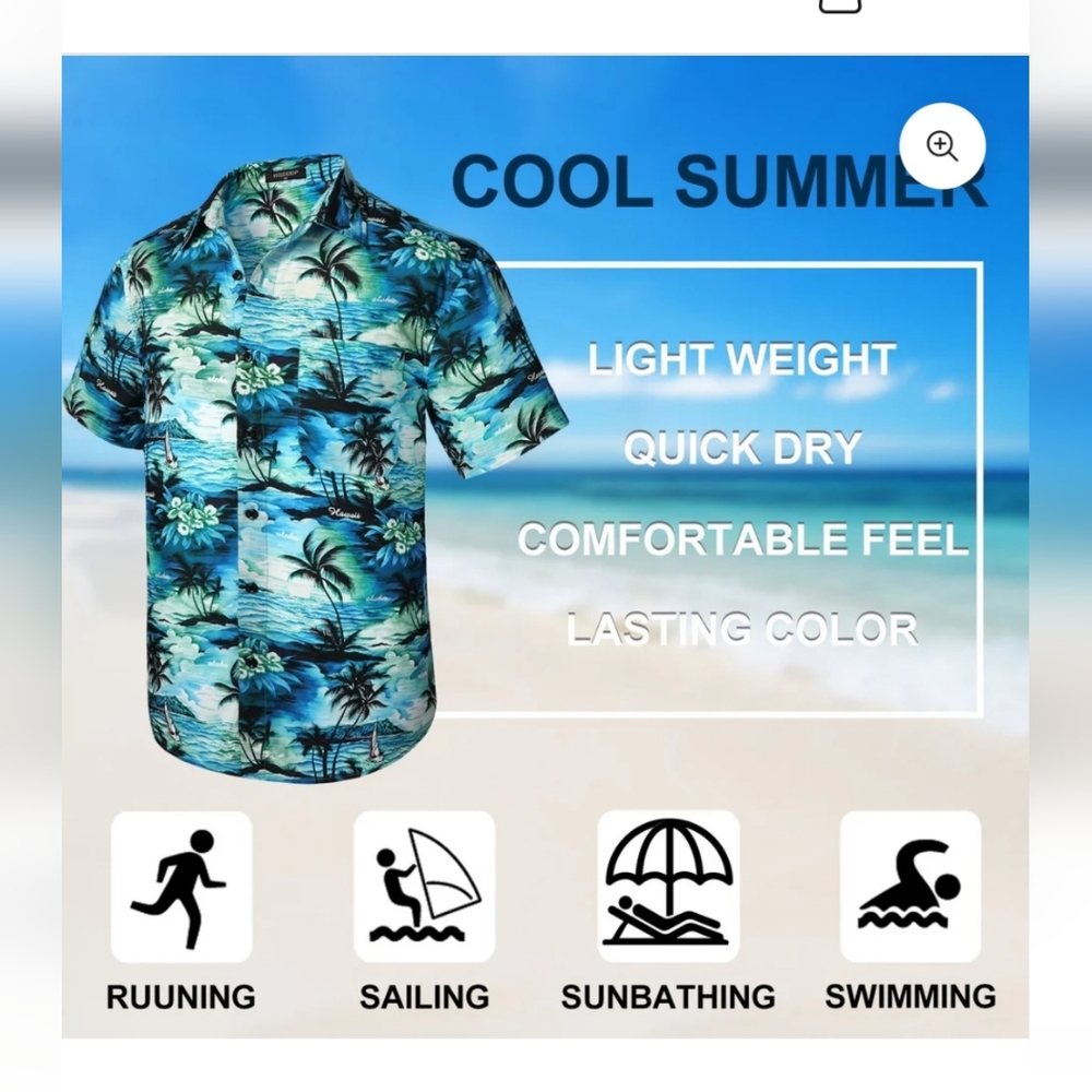 Hisdern Teal Blue Vintage Palm Tree Hawaiian Aloha Print Shirt 3XL